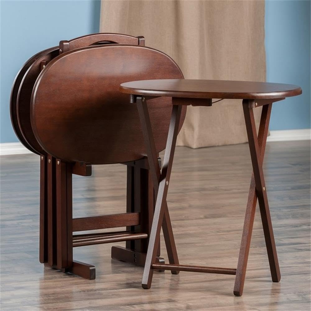 5-Piece Solid Wood Oval Snack Table Set with Storage Stand – Cappuccino