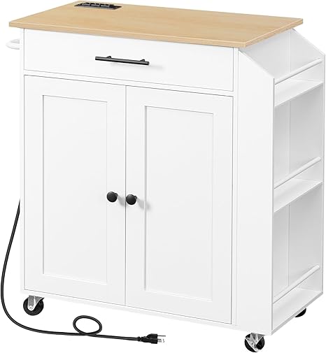 Rolling Kitchen Island with Storage, Spice Rack & Charging Station