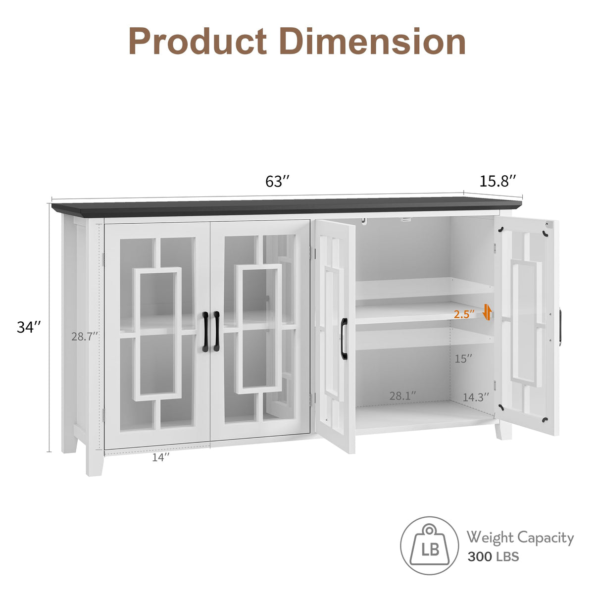 Garvee 63" Sideboard Buffet Cabinet with Storage and 4 Tempered Glass Doors