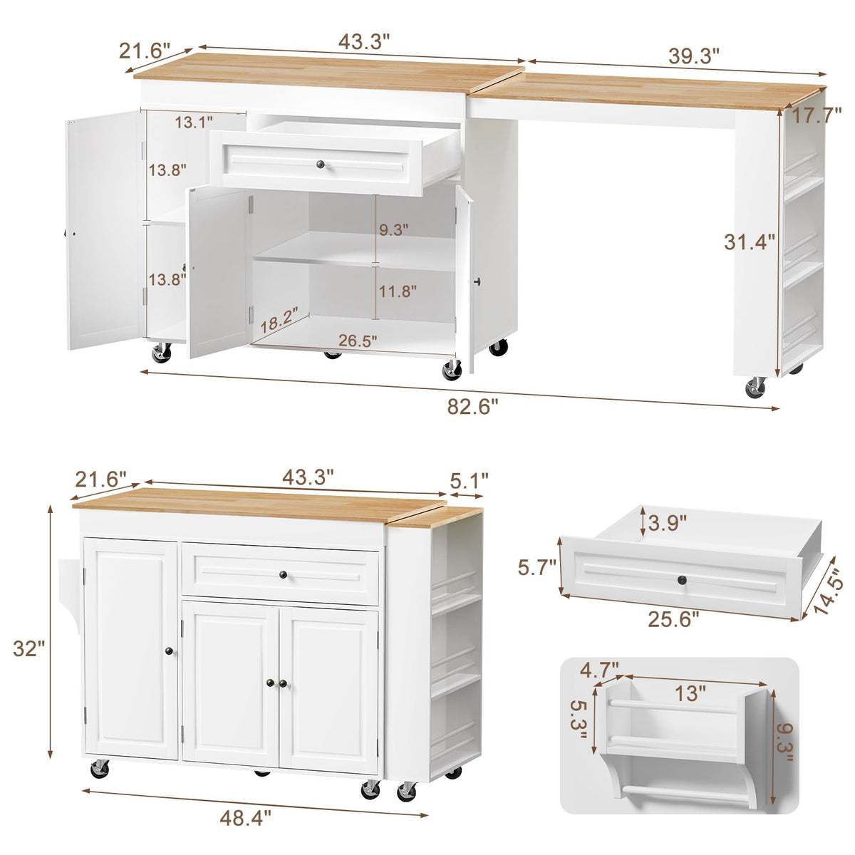 Rymeera Expandable Kitchen Island with Storage Drawer and Wheels, White