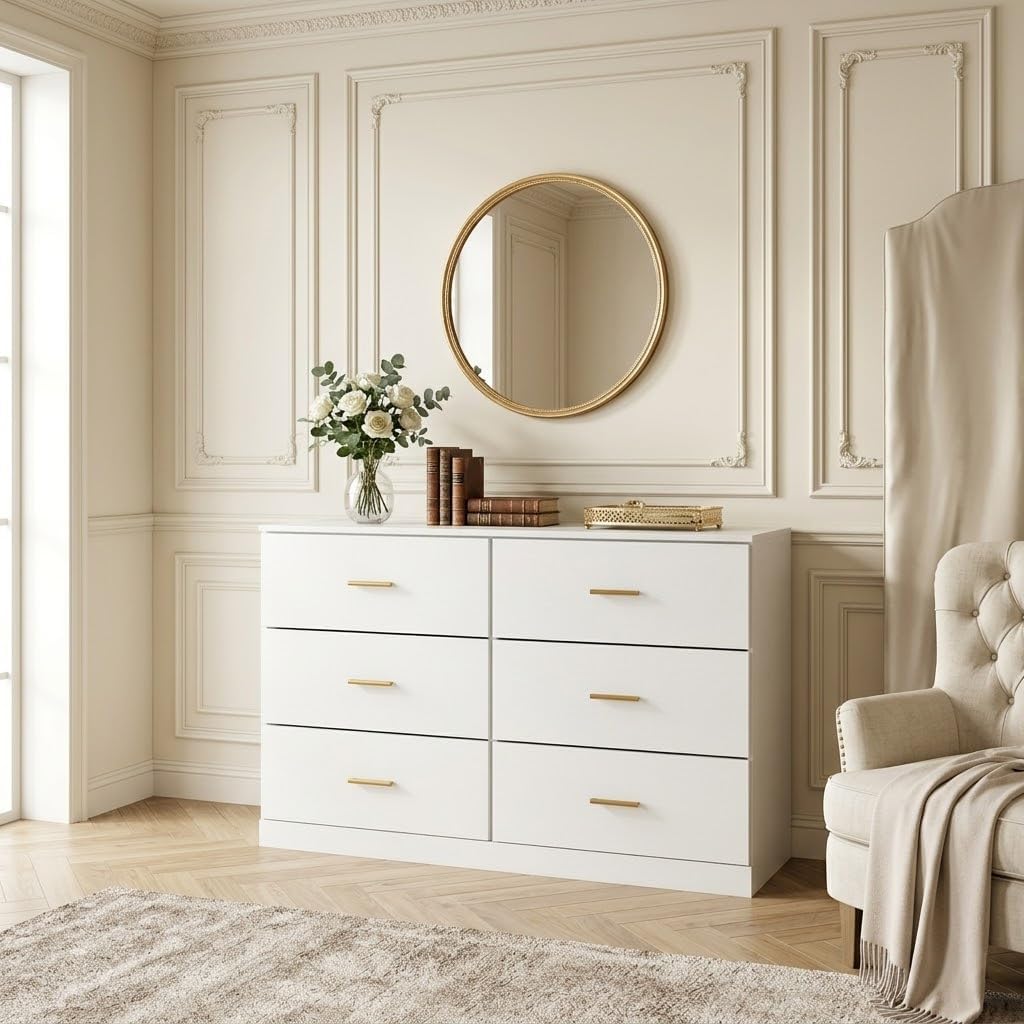 YMW 47" Modern White Dresser for Bedroom, 6-Drawer Wooden Chest of Drawers with Gold Handles,Wide Storage Cabinet for Living Room, Kid&Nursery Entryway