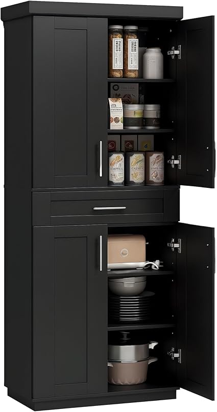 Tall Kitchen Pantry Cabinet with 4 Doors & Drawer