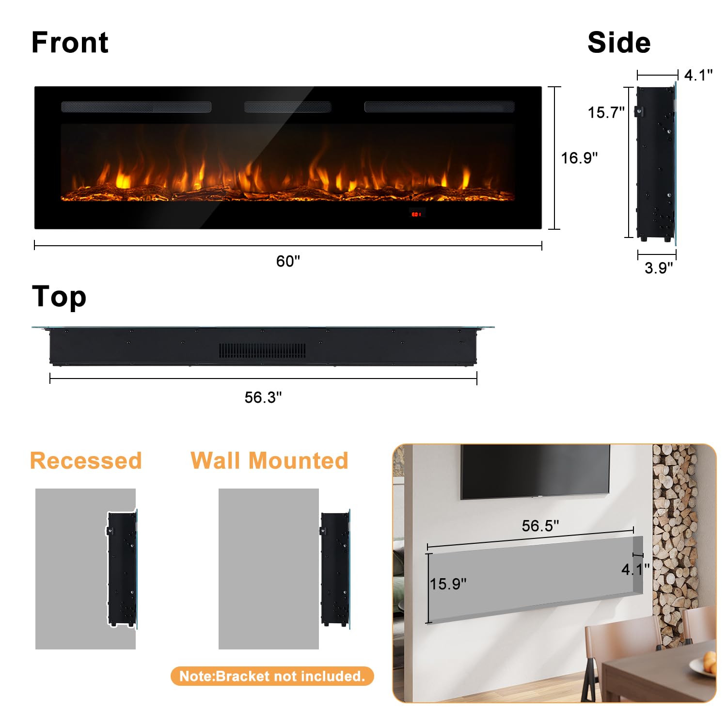OneBlis Electric Fireplace, 60 inch Wide Recessed/Wall Mounted Electric Fireplace, Remote Control with Timer 12 Adjustable Color Flame, Remote Control, Log Set & Crystal
