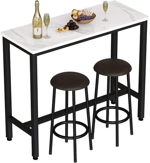 3-Piece Counter Height Bar Table Set with Faux Marble Top & Upholstered Stools