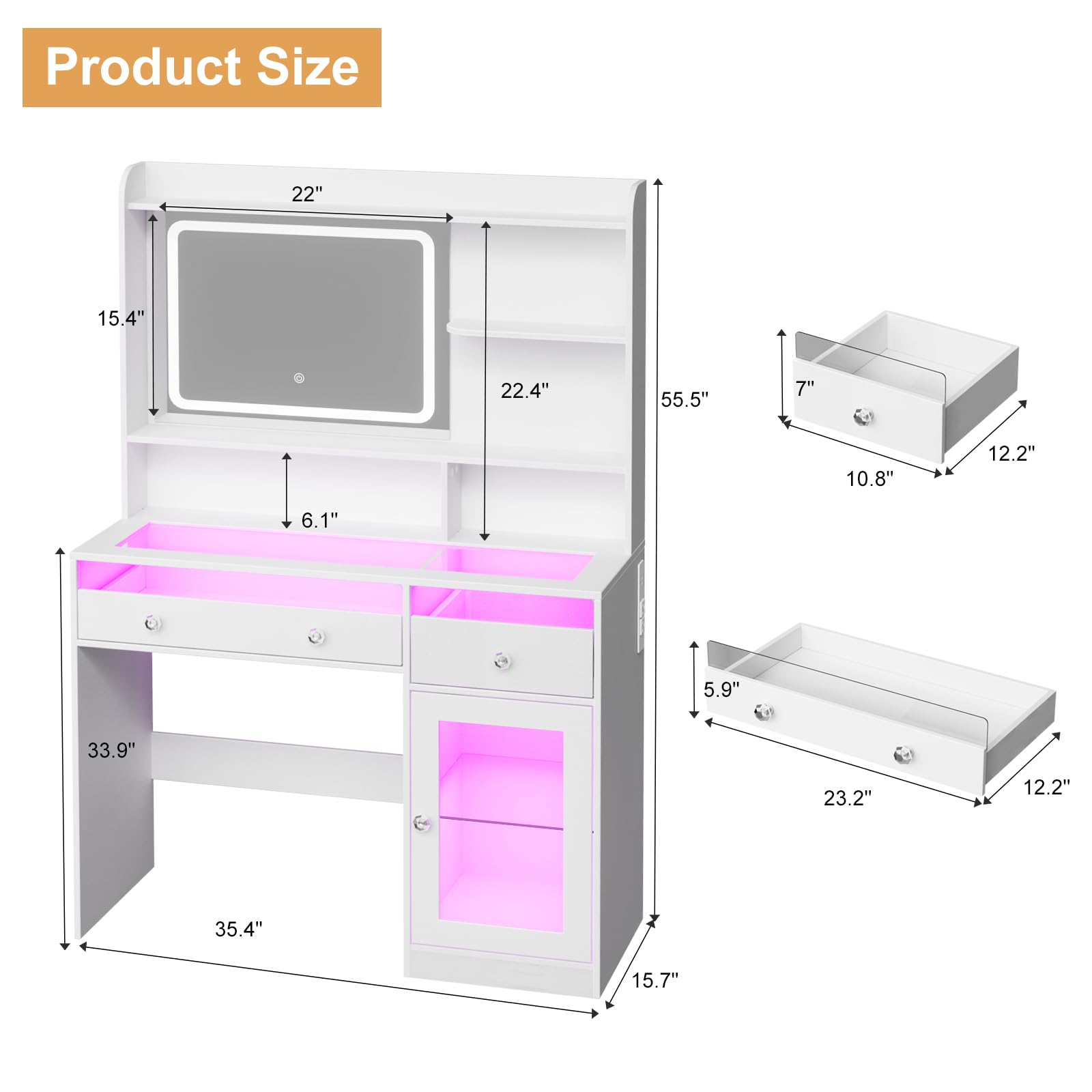 Korfile Vanity Desk, Makeup Vanity Desk with Mirror and Lights 3 Colors, Transparent Top with 2 RGB Drawers, 3 Shelves, 1 Large Tempered Cabinets, Power Outlet for Bedroom, White