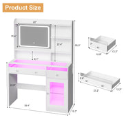 Korfile Vanity Desk, Makeup Vanity Desk with Mirror and Lights 3 Colors, Transparent Top with 2 RGB Drawers, 3 Shelves, 1 Large Tempered Cabinets, Power Outlet for Bedroom, White