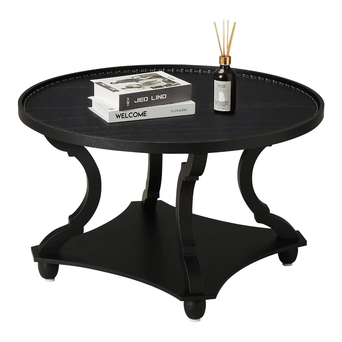Wnutrees Farmhouse Round Coffee Table, Wood Tray Top with Storage Shelf