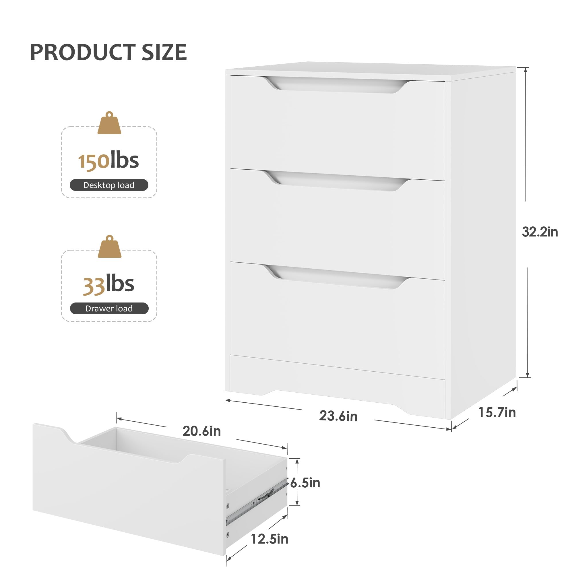 HOSTACK Modern 3 Drawer Dresser, Wood Chest of Drawers with Storage, Tall Nightstand with Cut-Out Handles, Side End Table, Accent Storage Cabinet for Living Room, Entryway, White