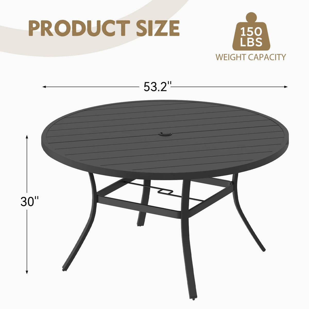 MELLCOM 53'' Round Outdoor Dining Table for 6, Metal Patio Dining Table with Umbrella Hole, All-Weather Black Table for Porch, Garden, Backyard, Poolside, Lawn