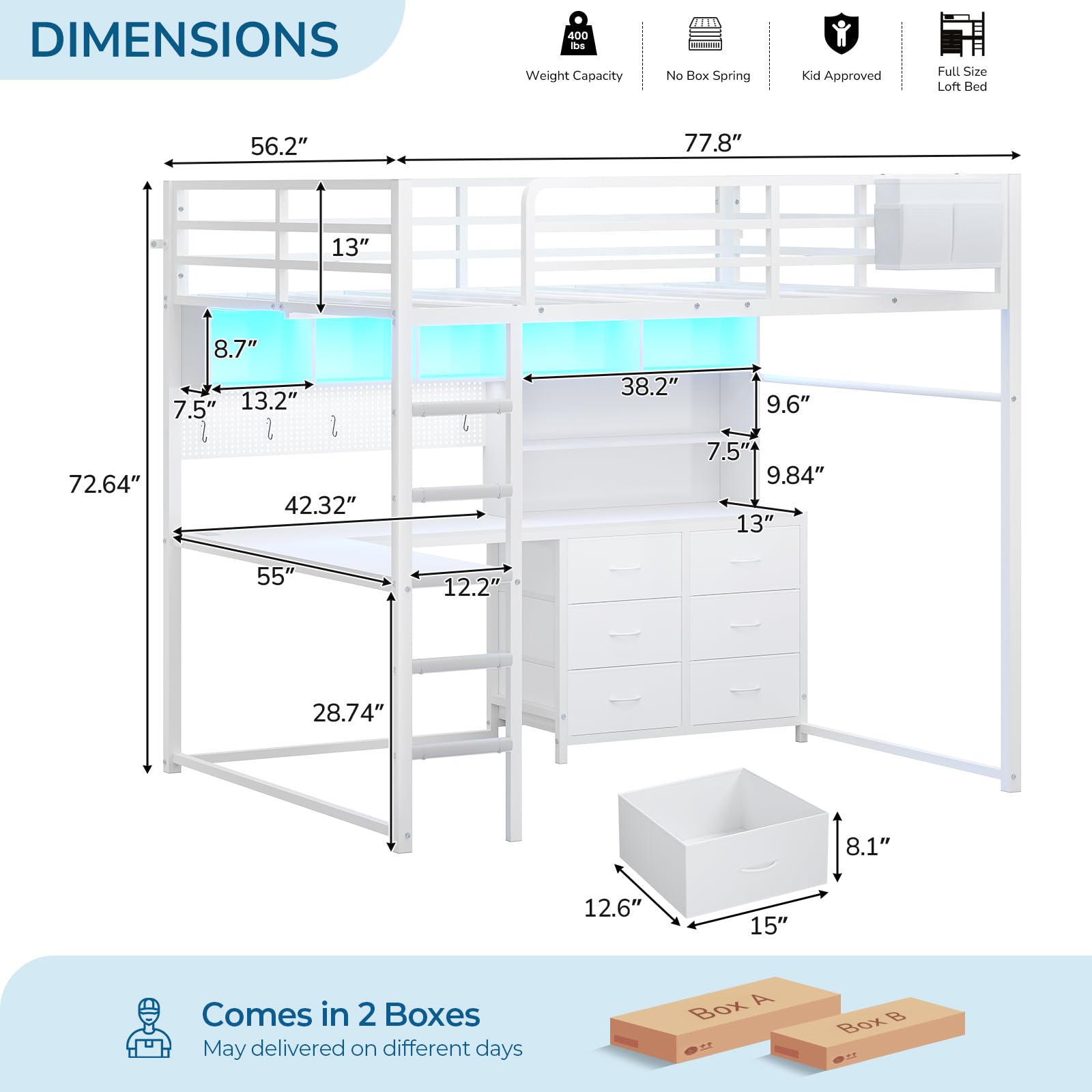 Full Size Loft Bed with Desk, Storage & LED Lights