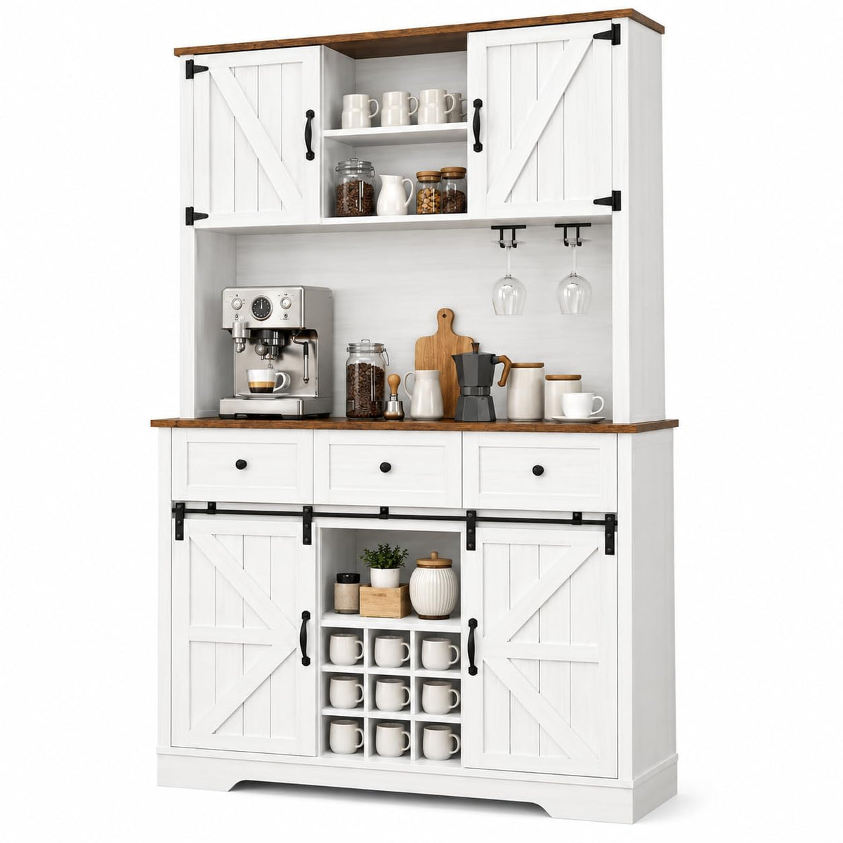 4 EVER WINNER 72 Inch Tall Farmhouse Coffee Bar Cabinet with Storage, White