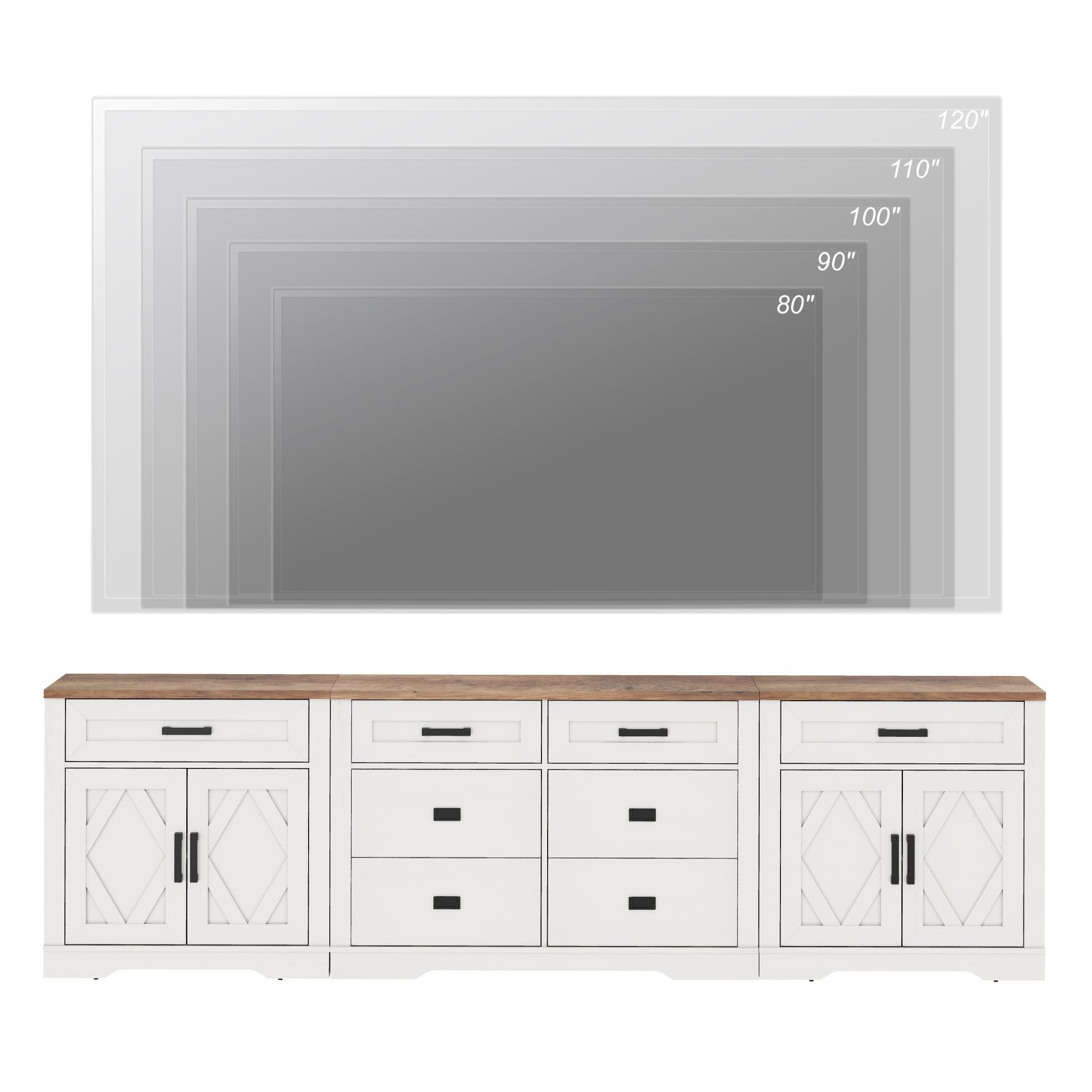 WAMPAT 110" W Large TV Stand,3-in-1 Farmhouse Entertainment Center with Storage Barn Door Cabinet,TV Console Table with Media Cabinet and Drawers for Living Room,Bedroom,Cream White