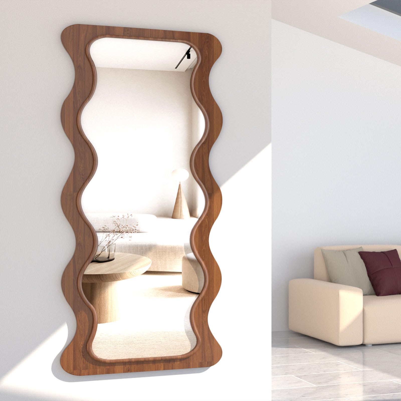 Wavy Full Length Mirror with Wood Frame