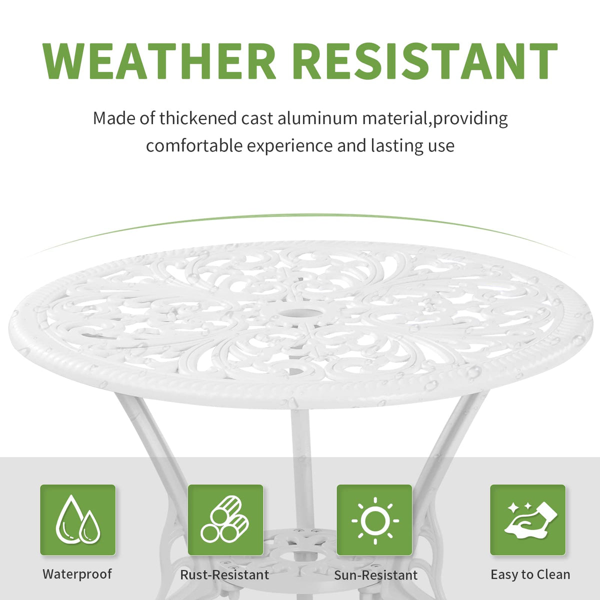 Withniture Bistro Set 3 Piece Outdoor Cast Aluminum Patio Bistro Set with Umbrella Hole, All Weather Bistro Table and Chairs Set, Small Patio Furniture Set for Garden, Porch,White