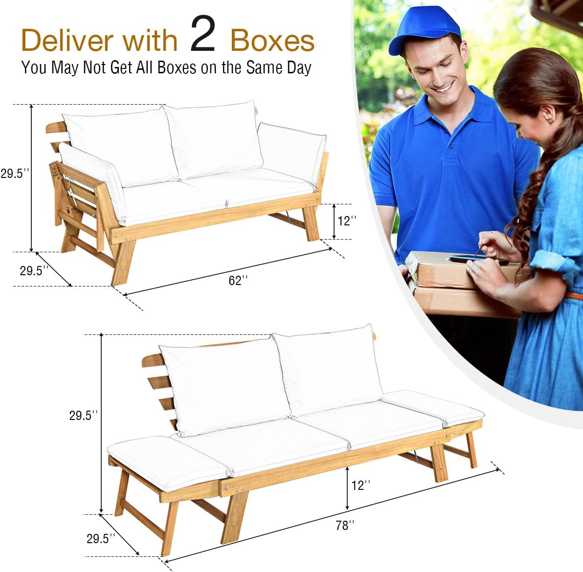 Acacia Wood Outdoor Daybed with Adjustable Armrests & Cushions