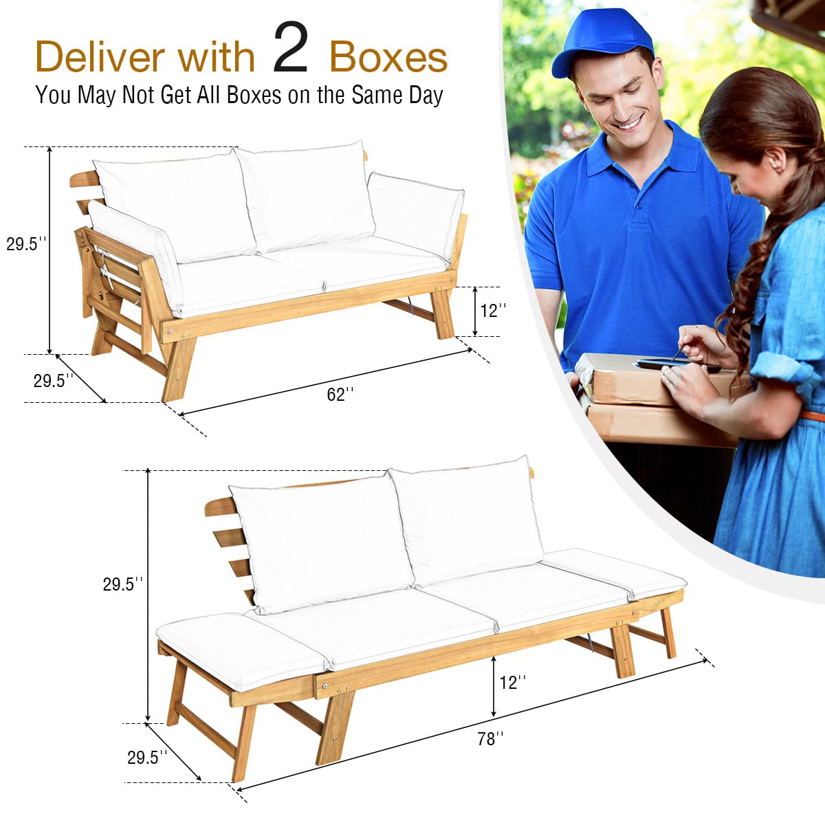 Acacia Wood Outdoor Daybed with Adjustable Armrests & Cushions