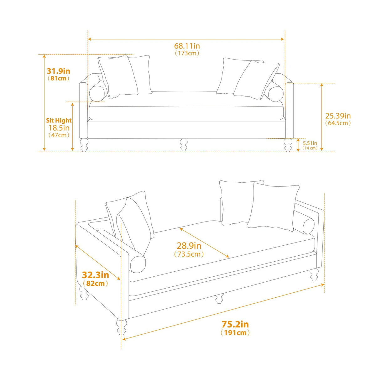 KEIKI 75" Chenille Indoor Chaise Lounge Chair with 4 Pillows, 2 Bolsters & Nailheads, Upholstered Sleeper Sofa Couch Day Bed, Rubber Wood Legs Daybed Recliner Bench for Living Room Bedroom Apartment