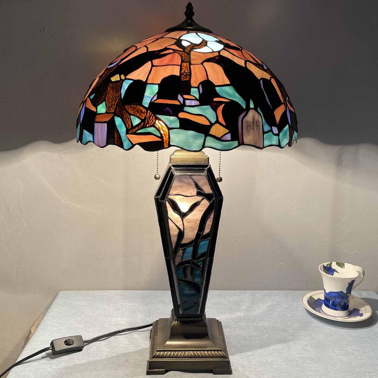 Bieye L10987 Ravens in Spooky Cemetery Tiffany-Style Stained Glass Table Lamp with Coffin Base Night Light - Gothic Graveyard Scene (Dark Orange, 16Wx26H inch)