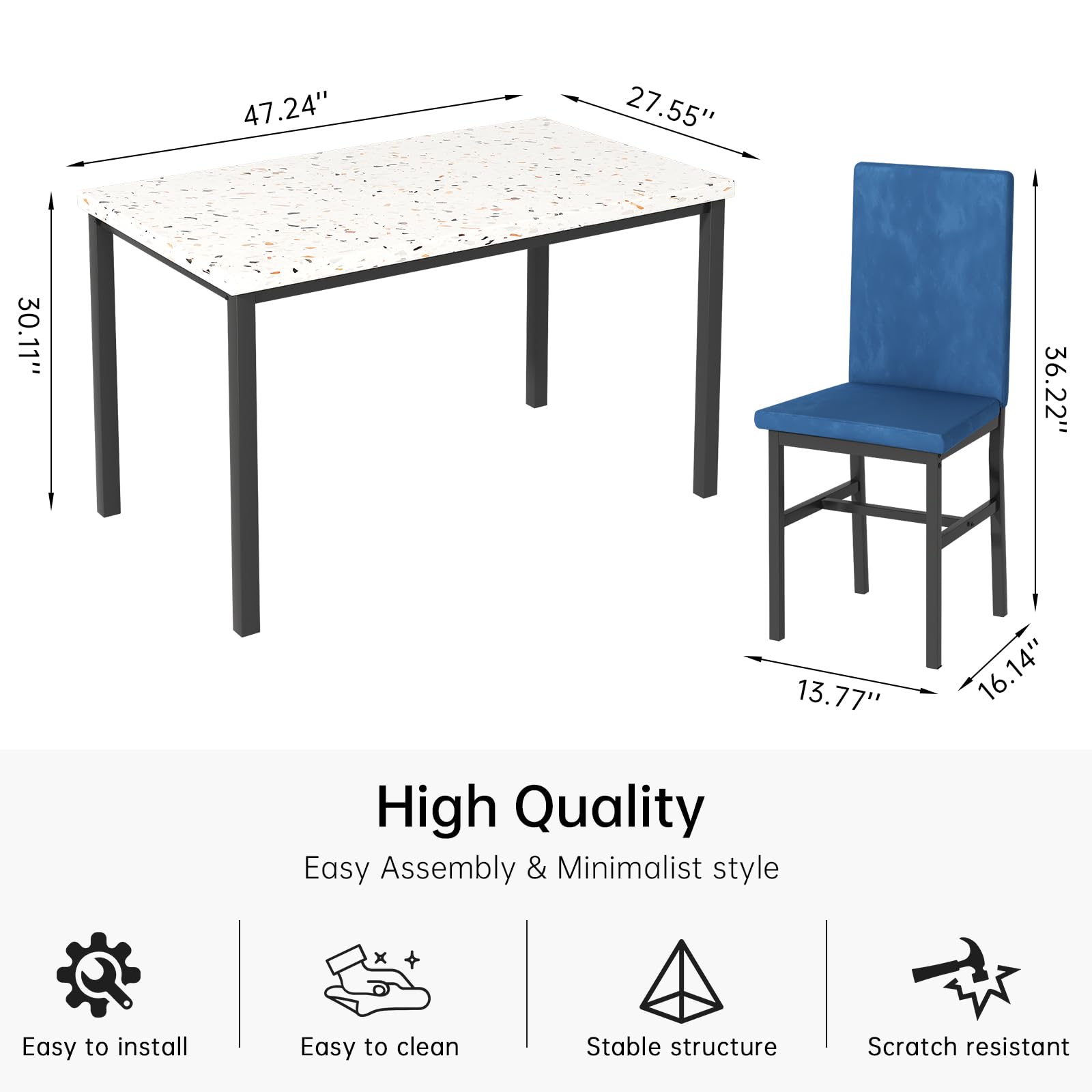 AWQM Dining Table Set for 4, Modern Faux Marble Dining Table Set with 4 Upholstered Velvet Chairs, Dining Room Table Set for Kitchen, Breakfast Nook, Dining Room, Blue