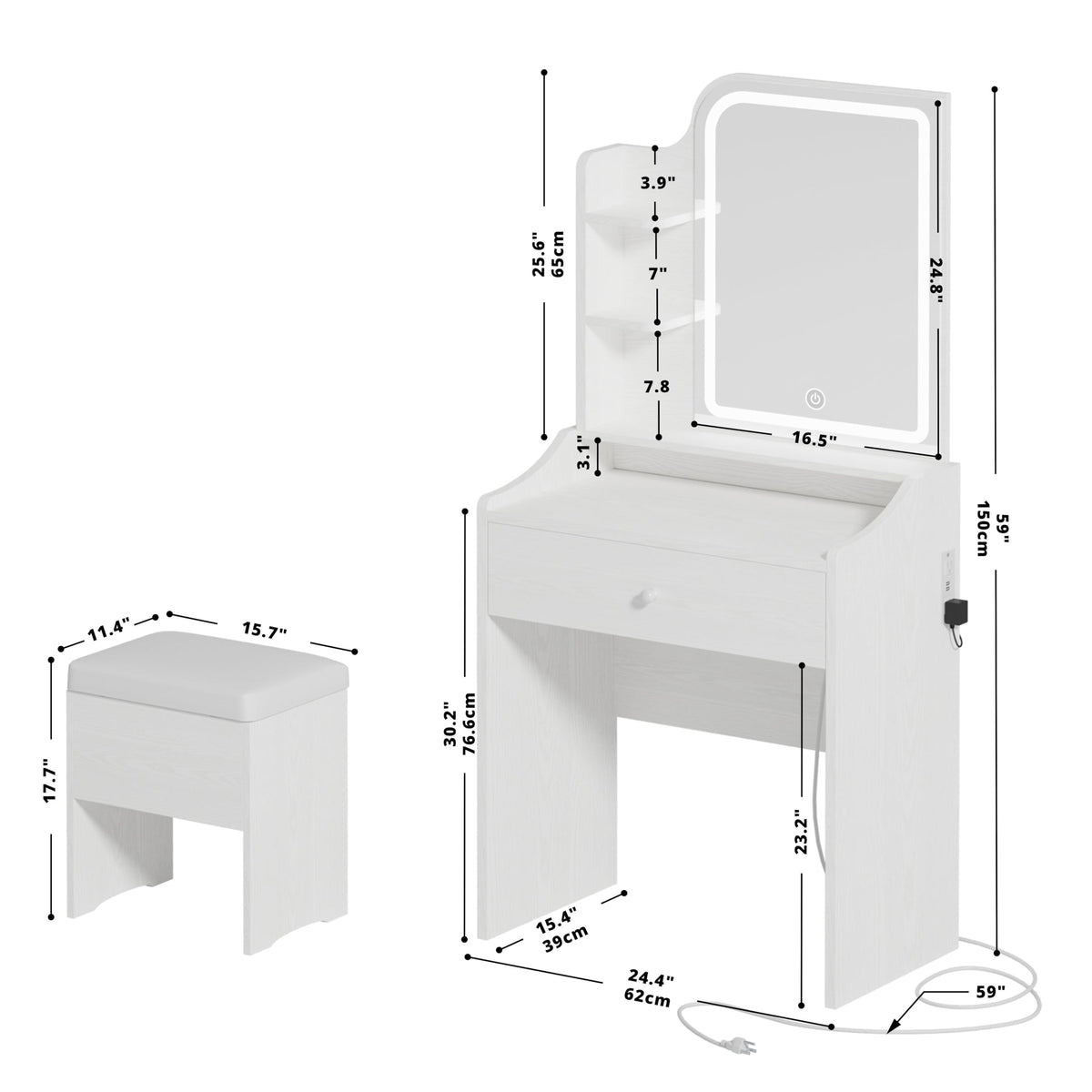 LIKIMIO Small Vanity Desk with Mirror Lights and Storage Stool
