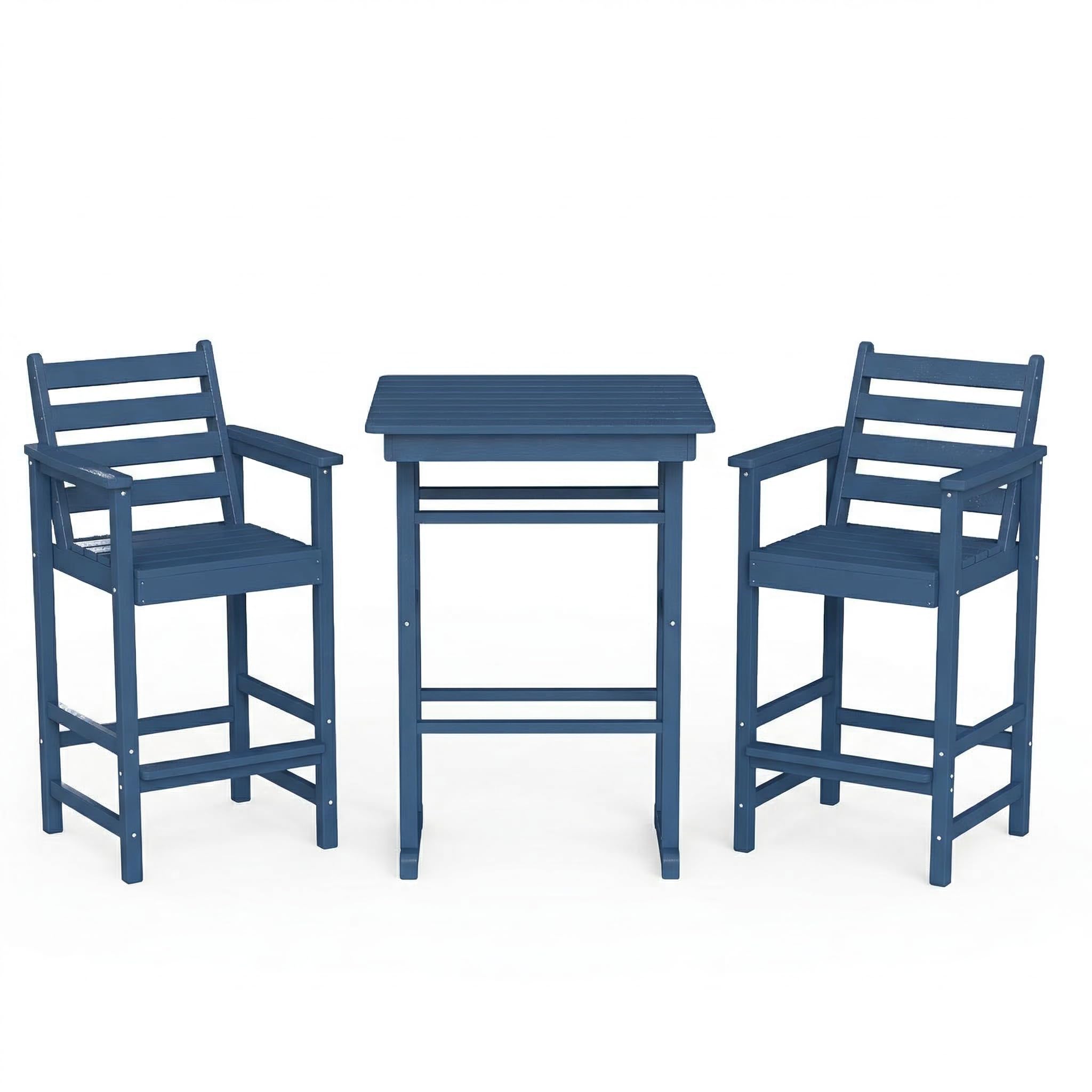 Kingdura Balcony Adirondack Chairs and Table 3 Pieces Set, Adirondack Bar Height Chairs Set of 2 with Matching Bar Table, HDPE Outdoor Bar Stools Set for Bistro, Garden, Poolside (Navy Blue)
