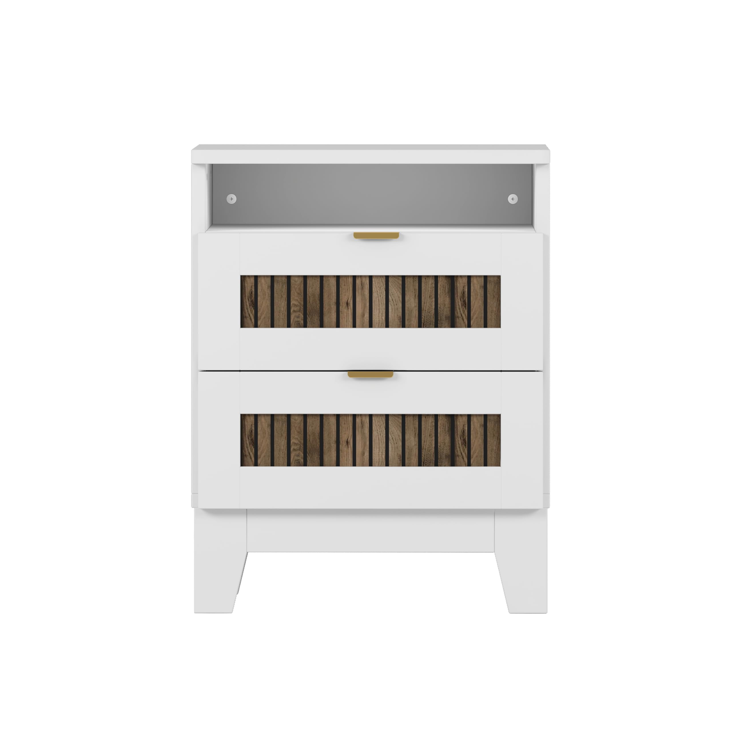 4-Pieces Queen Bedroom Sets with Wooden Strip Stickers Decoration,Wood Bed Frame with 2 Storage Nightstand 6-Drawer Dresser with Metal Handle,Farmhouse Bedroom Furniture Set,White