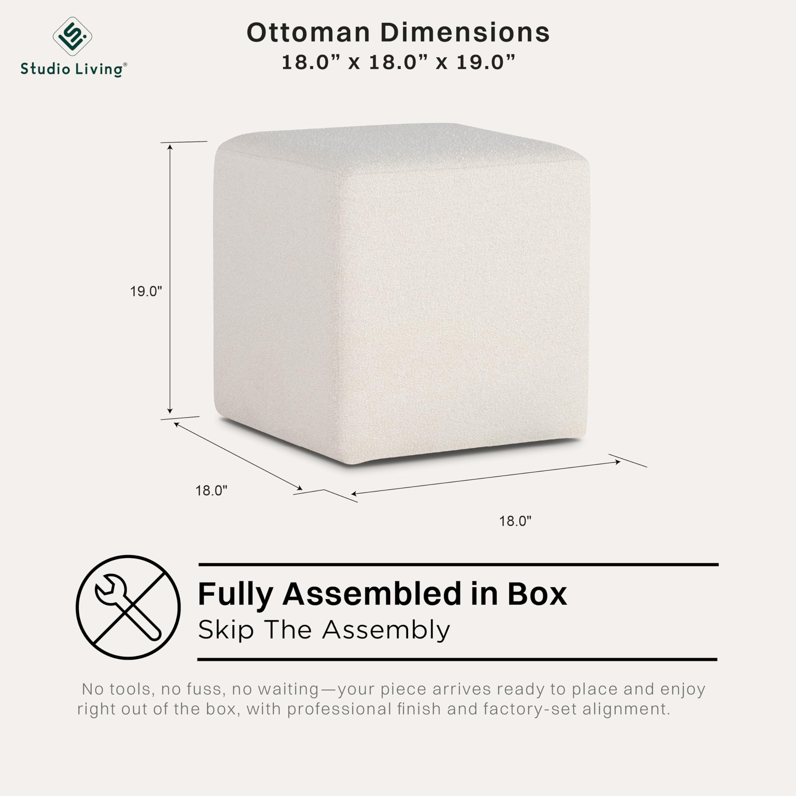 Studio Living Warren 18" Cube Ottoman, Urban Transitional, Fully Assembled, Soft Boucle Fabric, Snow