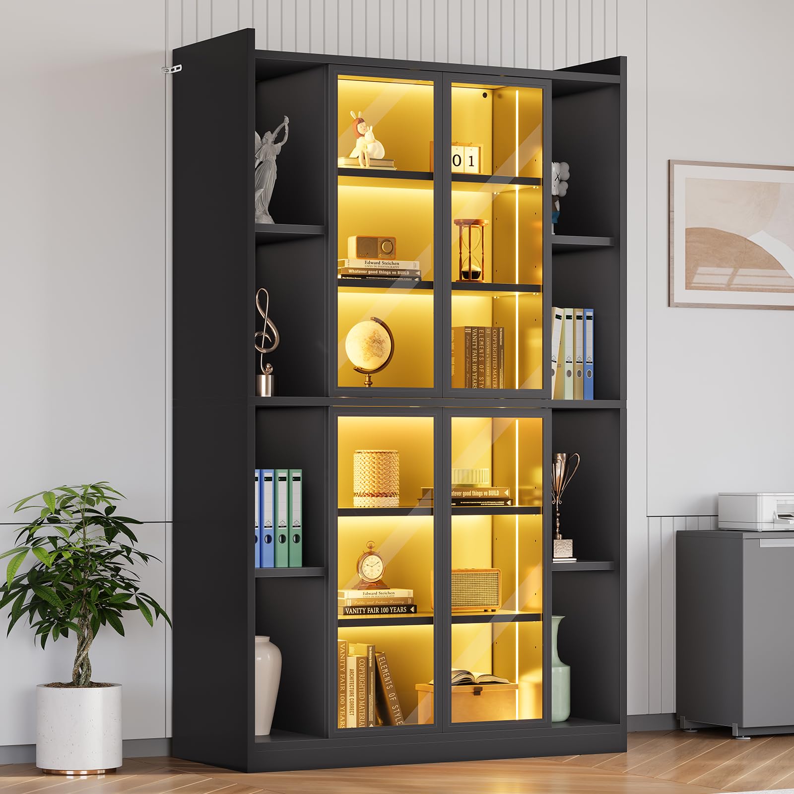 71" Glass Door Display Cabinet with RGB LED Lights & Adjustable Shelves