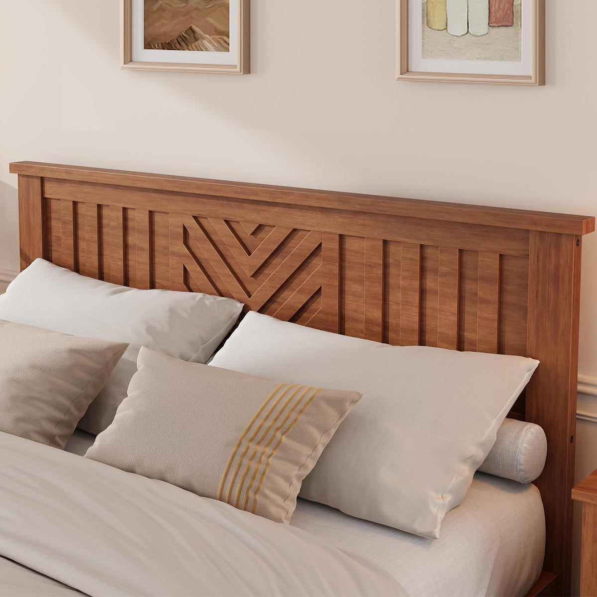 Garvee Wooden Queen Platform Bed Frame with V-Pattern Headboard, Noise-Free Slat Support, No Box Spring Needed, Easy Assembly, 7.8" Under-Bed Storage Space, Light Brown