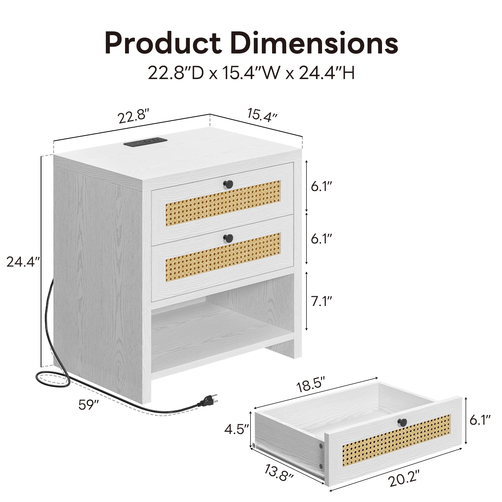 LIKIMIO Rattan Nightstand, 23inch Large White Nightstands Set of 2 with 2 Drawers and Charging Station, Boho Night Stand with Open Shelf for Bedroom, White Oak