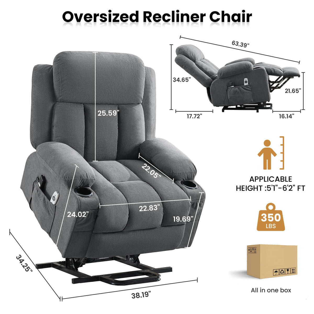 MAHOMICO Power Lift Recliner Chair for Elderly with Vibration Massage and Lumbar Heating Electric Oversized Single Sofa with Cup Holder and USB Charge Port for Living Room