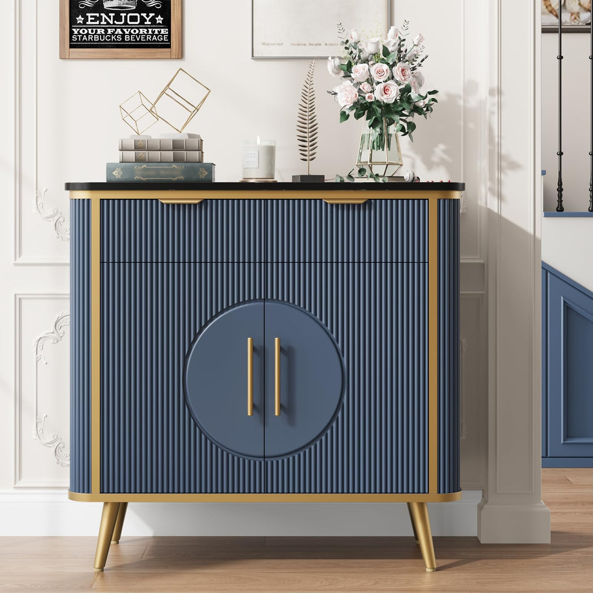 RNLRNL 35" Modern Sideboard Buffet with Storage, Kitchen Storage Cabinet with Adjustable Shelves & 2 Drawers, Accent Fluted Coffee Bar Cabinet for Kitchen, Dining Room, Living Room, Navy Blue