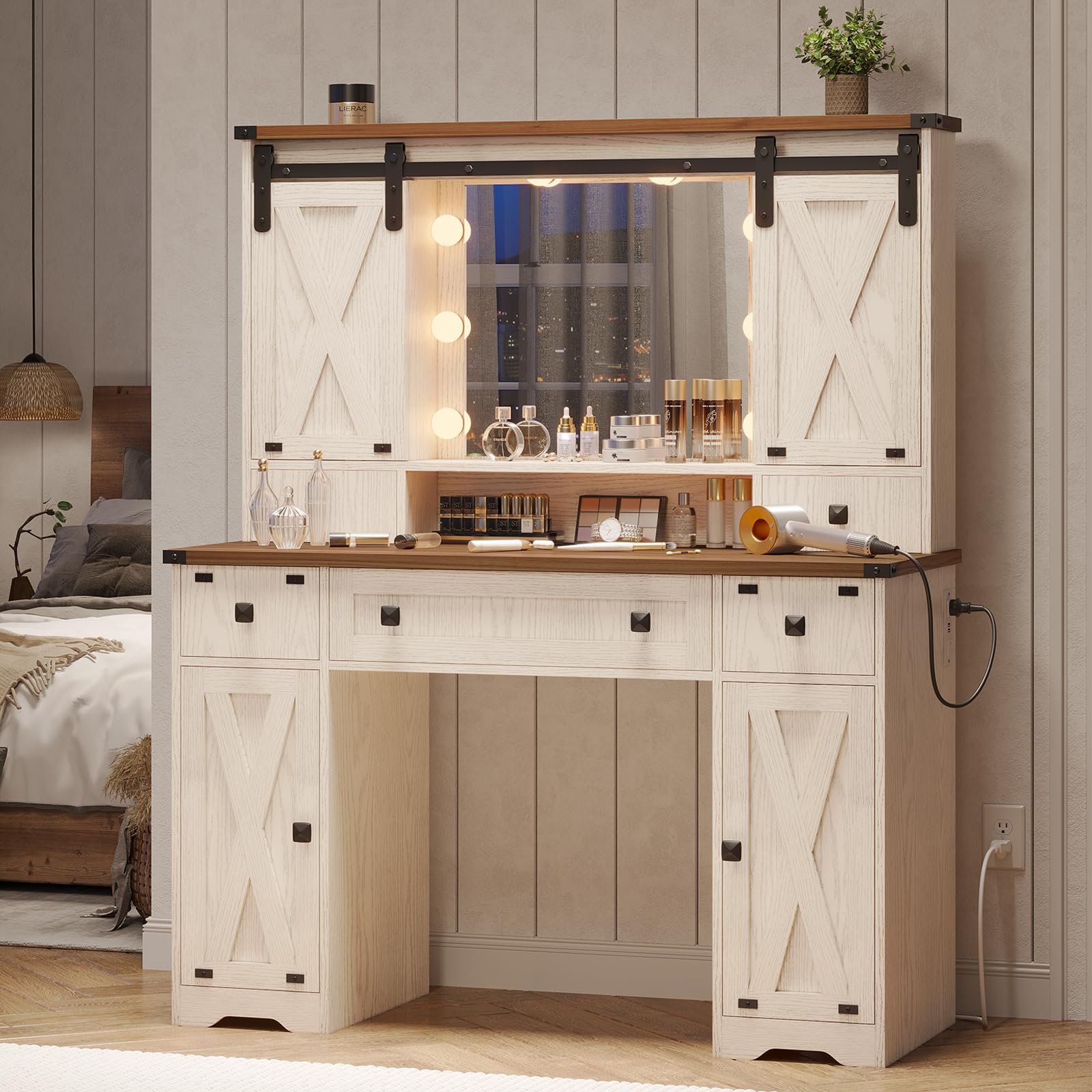 DICTAC Farmhouse Makeup Vanity Desk with Lighted Mirror & Power Strips, Vanity Table with Sliding Barn Door Hidden Shelves & 5 Drawers & 2 Cabinets, White Dressing Table for Bedroom, Lights Adjustable