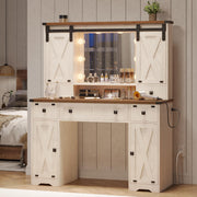 DICTAC Farmhouse Makeup Vanity Desk with Lighted Mirror & Power Strips, Vanity Table with Sliding Barn Door Hidden Shelves & 5 Drawers & 2 Cabinets, White Dressing Table for Bedroom, Lights Adjustable