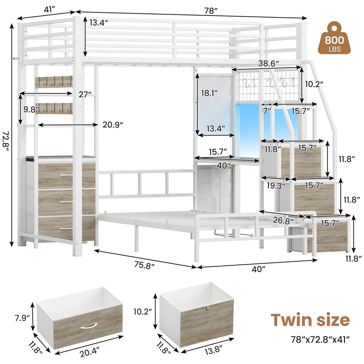 Twin Bunk Bed with Desk and Storage