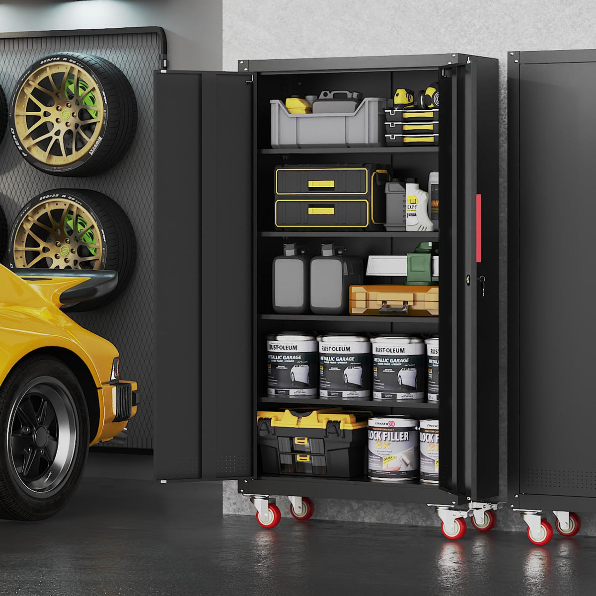Metal Storage Cabinet with Wheels,71"H Garage Cabinets with 4 Adjustable Shelves + Lockable Door,Heavy-Duty Garage Cabinet and Storage System for Garage,Home Workshop & Office(200 lbs per shelf)