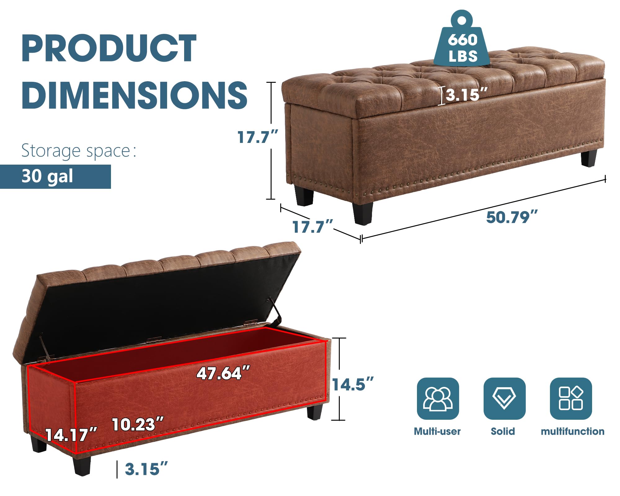 Grepatio 51" Ottoman Storage Benches, 30 Gallons End of Bed Storage Bench, Large Rectangular Ottoman, Button-Tufted Ottomans with Storage for Living Room Bedroom, Foot of Bed (Brown)