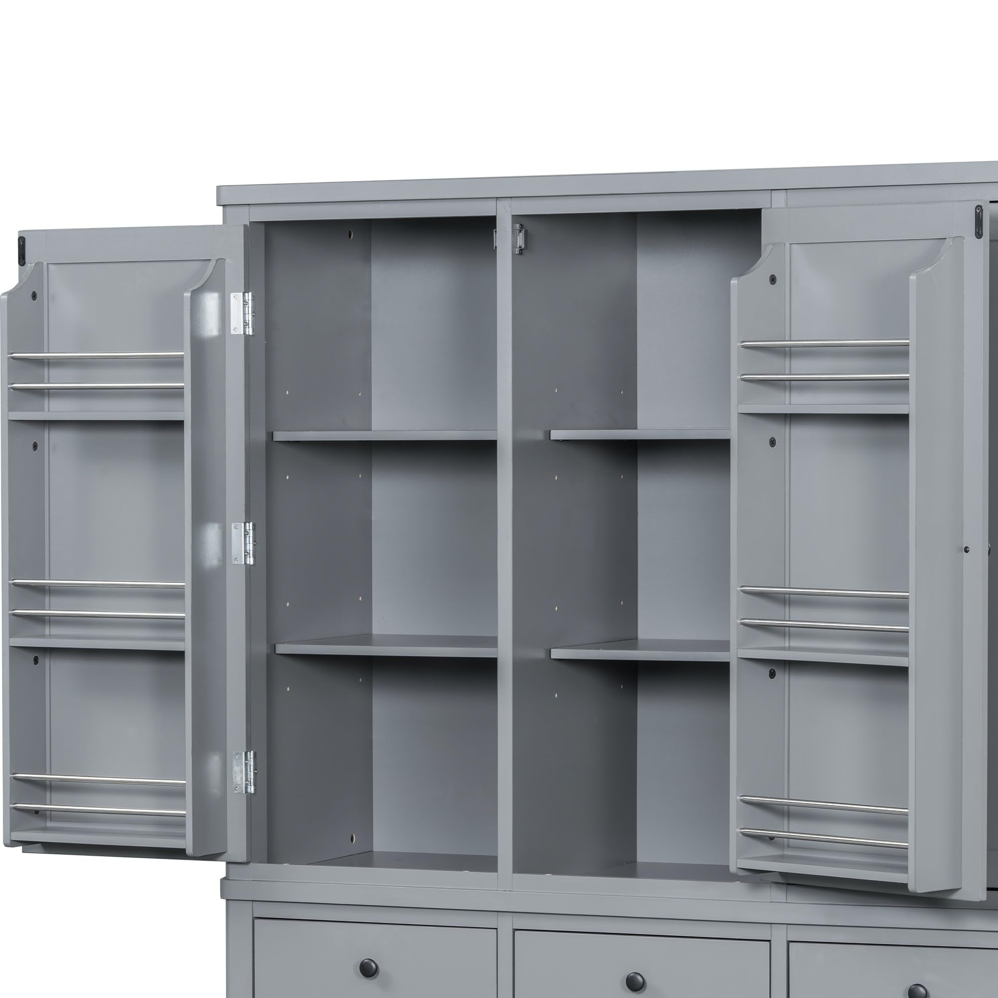 Merax 74.8'' Tall Kitchen Pantry Storage Cabinet with 6 Doors, 3 Drawers and Adjustable Shelves, Freestanding Large Cupboard & Pull-Out Trays for Kitchen, Dining Room, Living Room, Gray