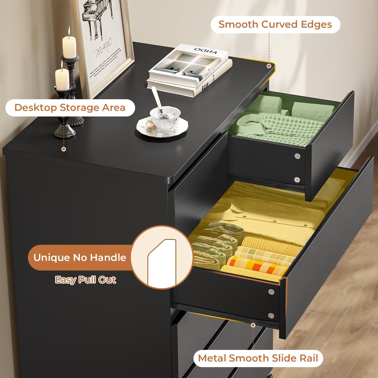 DICTAC Black Tall Dresser for Bedroom with 8 Drawers, 59.6" Tall Dressers & Chests of Drawers, Modern Wood Closet Organizer and Storage Cabinet, Large Vertical Dresser for Bedroom, Closet, Hallway