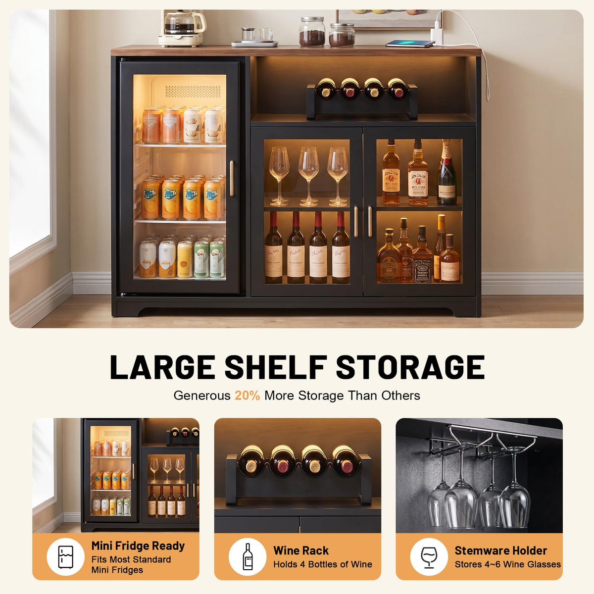 Black Coffee Bar Cabinet with Fridge Space