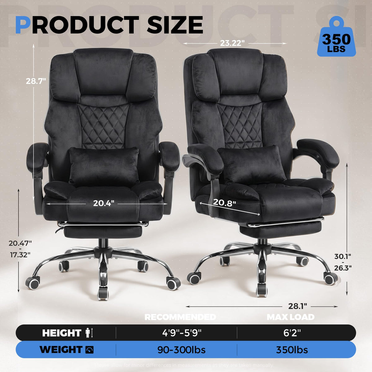 GTPLAYER Big and Tall Office Chair with Pocket Spring Cushion & Ergonomic Lumbar Support for Lower Back Pain Relief, High Back Computer Gaming Chair with Foot Rest, Soft Velvet Fabric, Deep Black