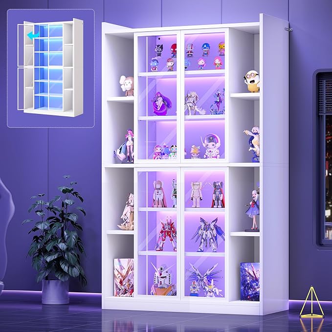71" Glass Door Display Cabinet with RGB LED Lights & Adjustable Shelves