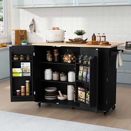 Rolling Kitchen Island with Drop-Leaf & Storage