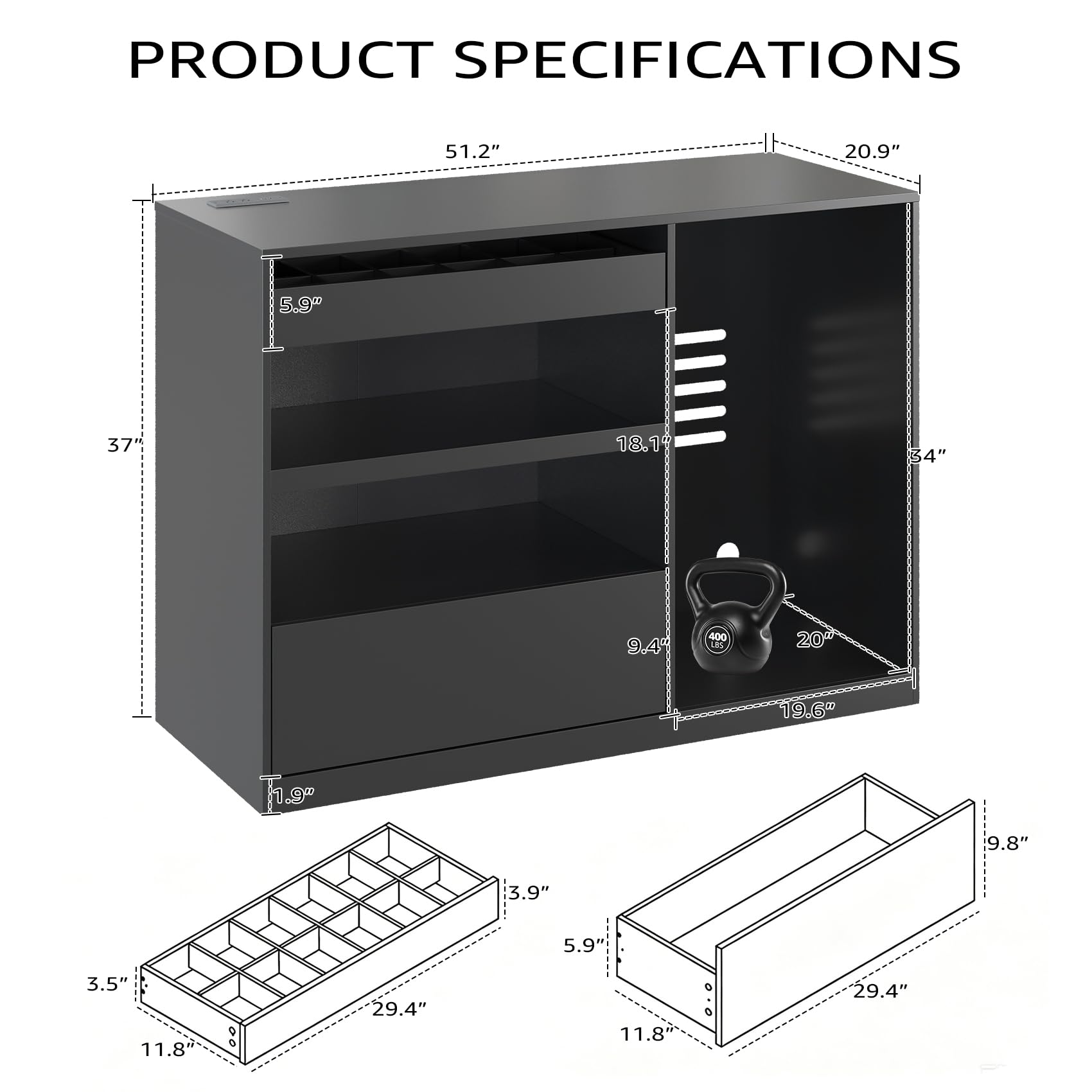 Melidee Snack Bar Cabinet with Fridge Space, Mini Fridge Cabinet with Storage, Coffee Bar Cabinet with Drawer, Power Outlets, Snack Organizer for Home, Movie Room, Game Room, 51.2”L, Black