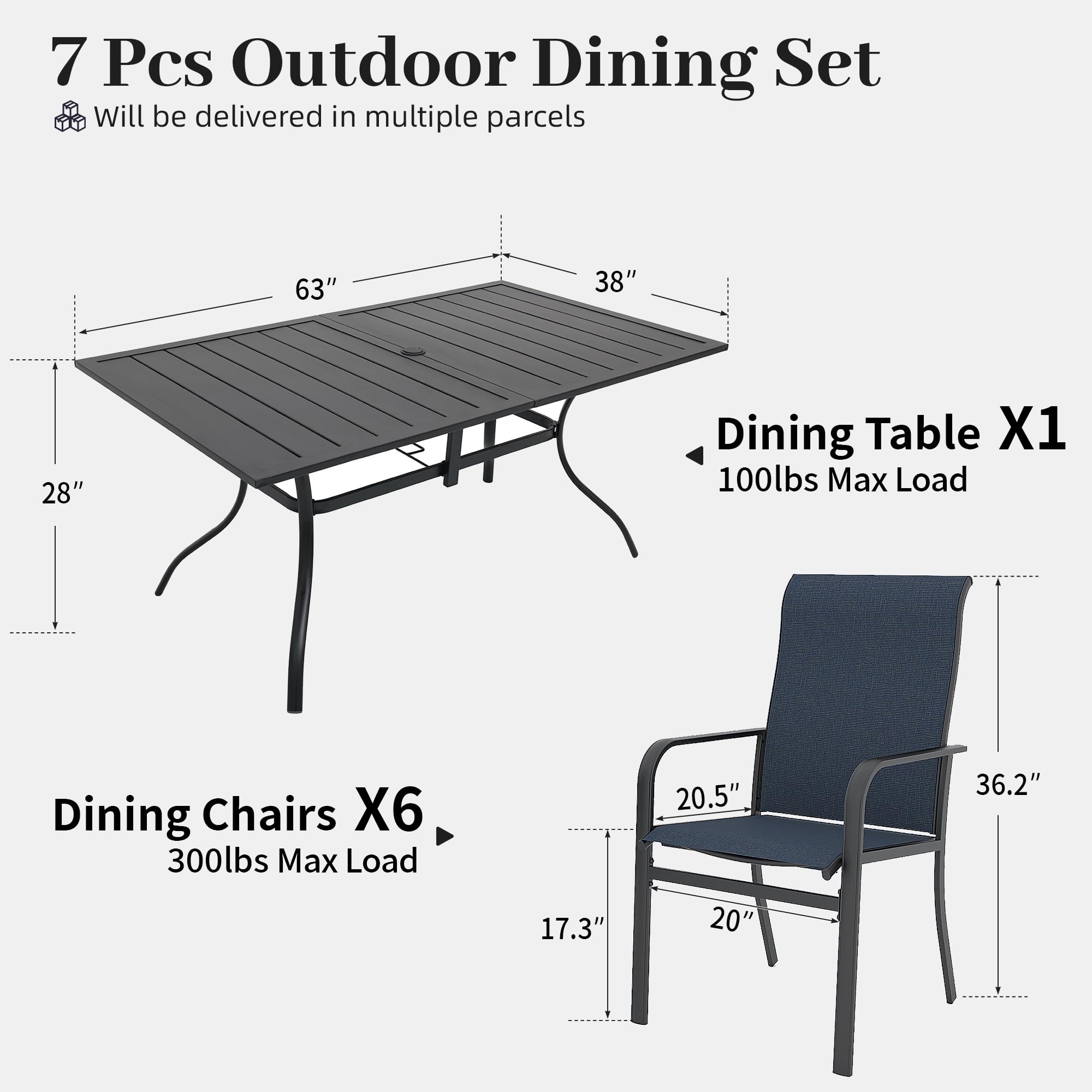 7-Pieces Patio Dining Furniture Set,63" Big Size Metal Patio Table with Umbrella Hole,Stackable 6pcs Outdoor Dining Chairs,Perfect for Garden Backyard Lawn Poolside