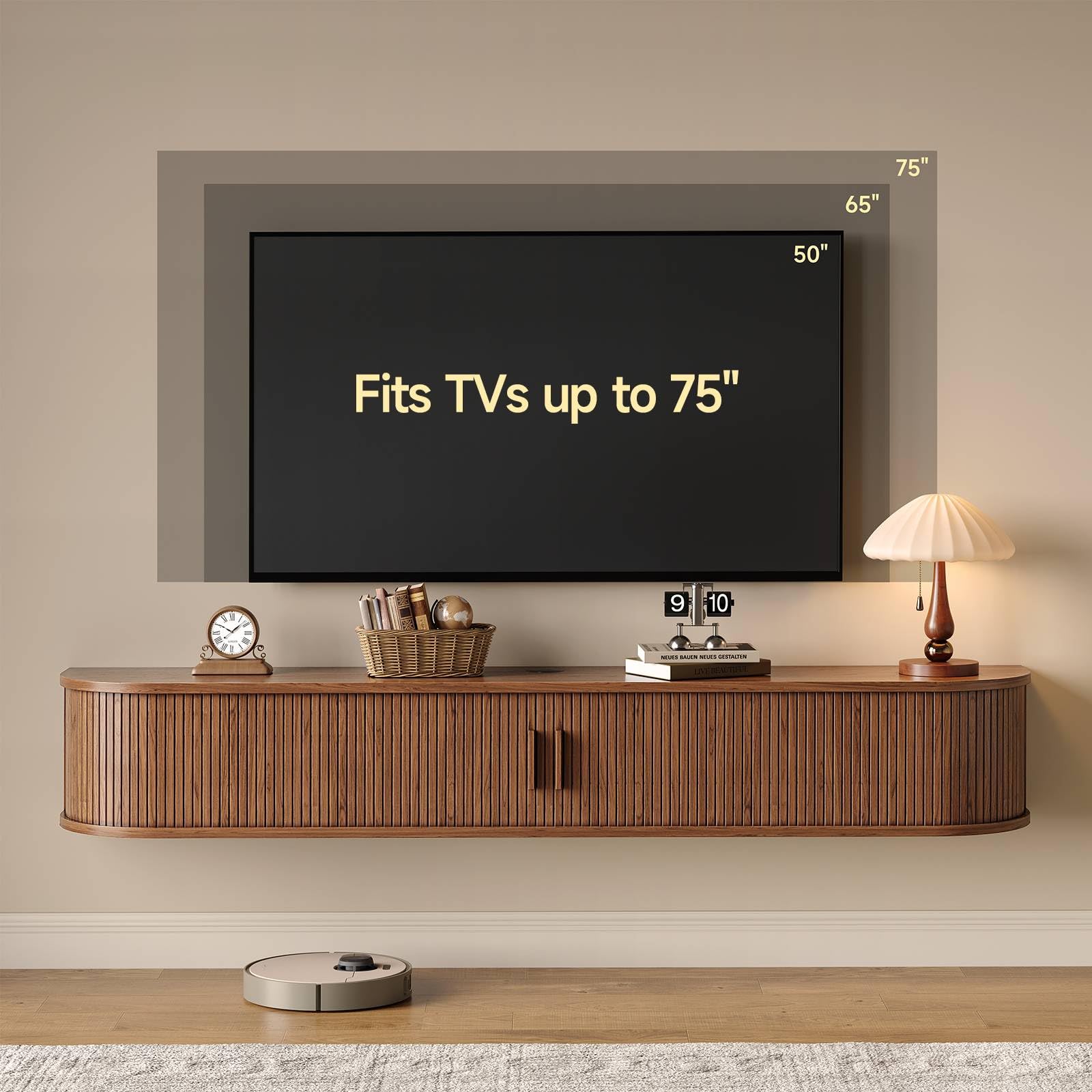 63" Floating TV Stand with Power Outlet for TVs up to 75", Fluted Entertainment Center with Remote Control for LED Lights, Mid-Century Modern TV Console w/Sliding Door for Living Room, Bedroom Walnut