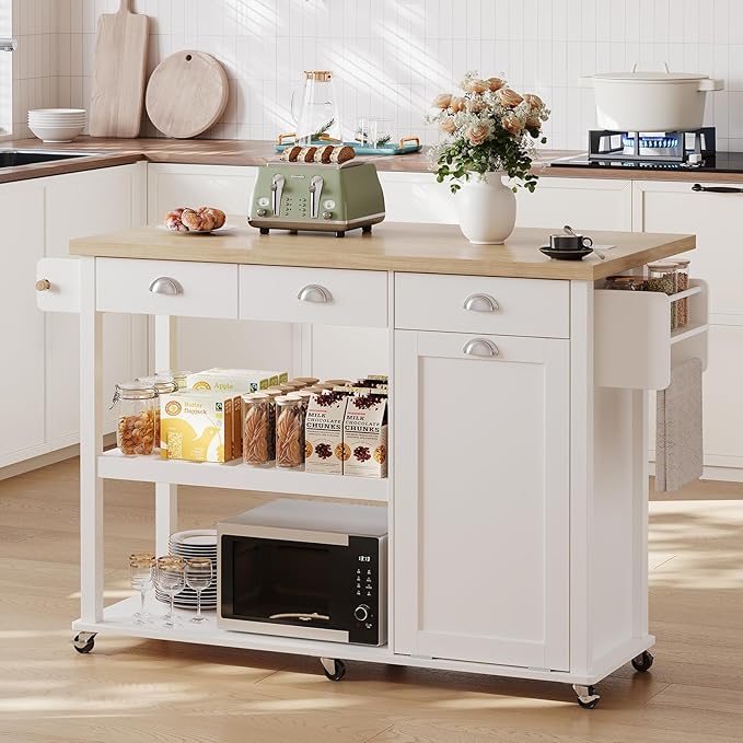 Rolling Kitchen Cart with Drop Leaf & Trash Cabinet