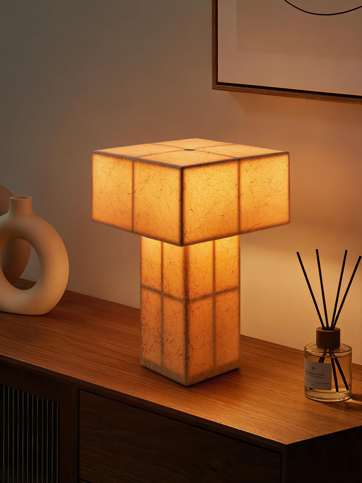 INSSKY 9.1''Mid Century Modern Table Lamp,Handmade Bedside Lamp with Dimmable,Cordless Rechargeable Lamp for Home Decor,LED Ambient Lighting for Nightstand,Living Room,Bedroom,Bulb Included(Yellow)