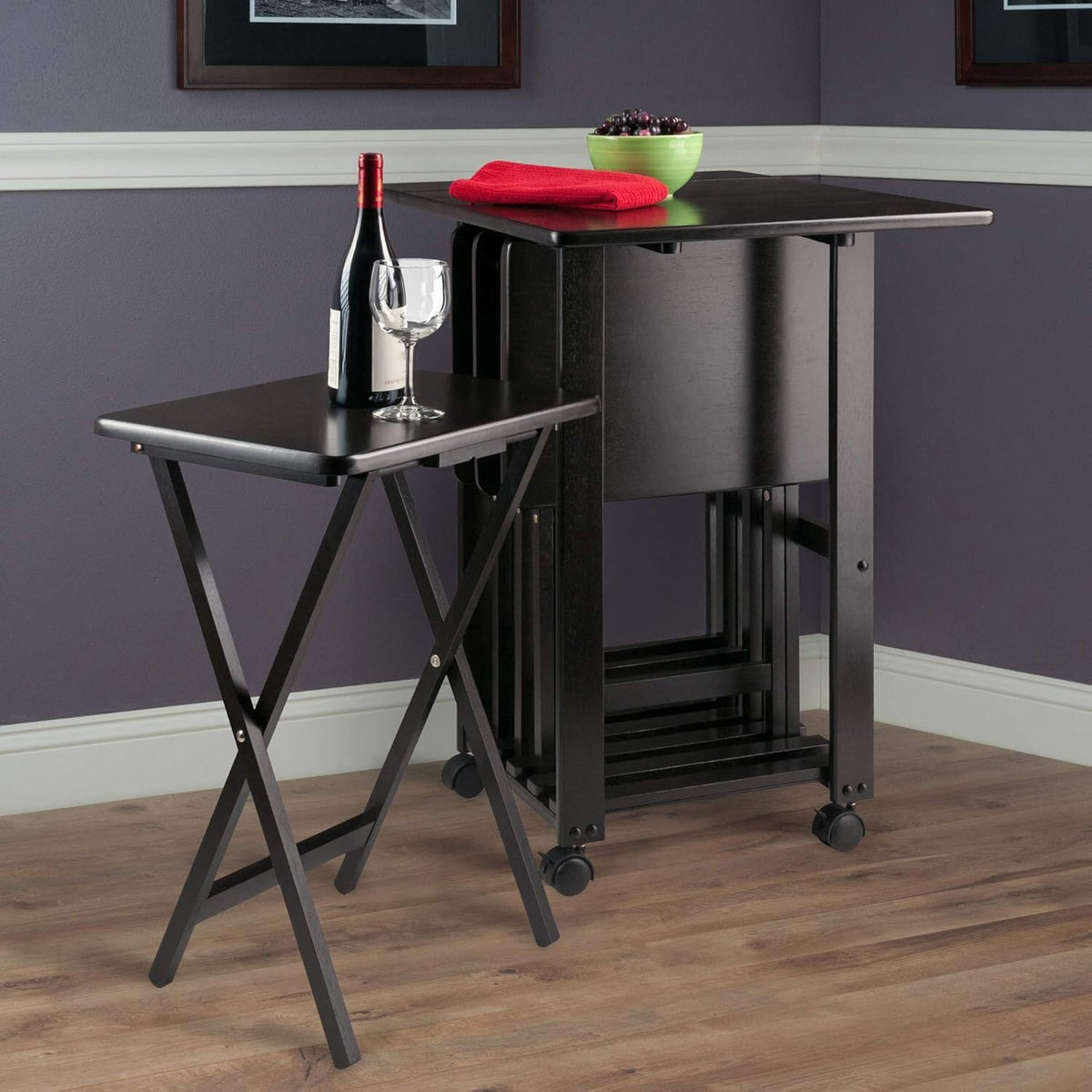 HomeStock 5-Piece Snack Table Set with Double Drop-Leaf Storage Table, 4 Folding Snack Tables, Grooved Slots, Solid Wood Design, and Rolling Casters Coffee