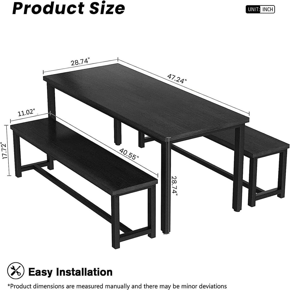 Recaceik 47" Black Dining Table Set for 4, 3-Piece Kitchen Set